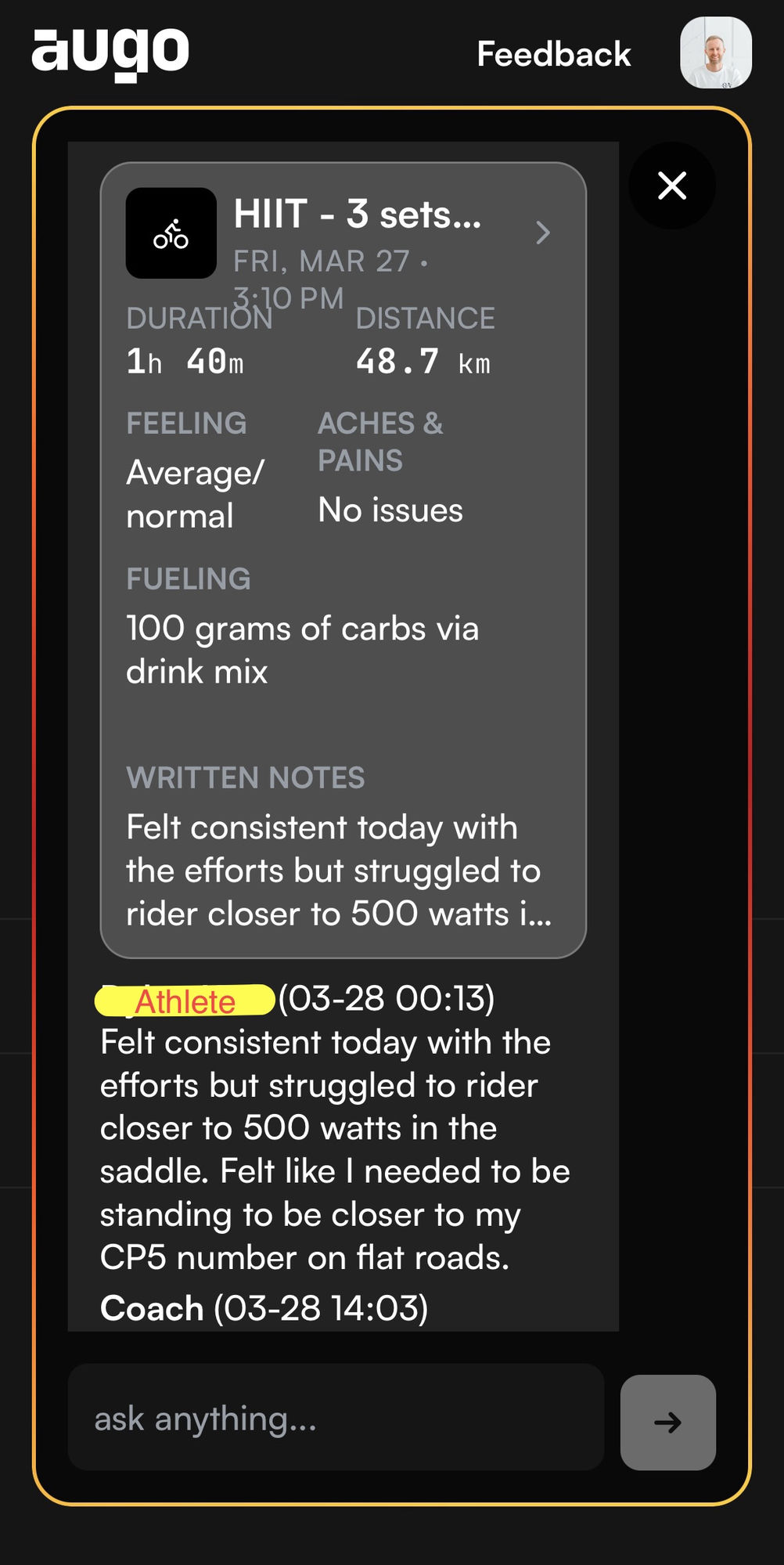 augo app screenshot showing an athlete’s workout feedback for a HIIT session and the start of a chat with their coach about holding power closer to 500 watts.