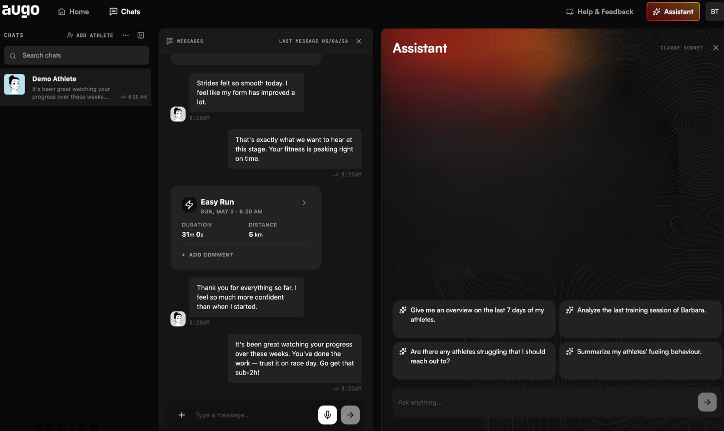 The augo web app with the assistant open beside a coach–athlete conversation: the chat thread shows an easy run with duration and distance inline, while the assistant panel offers roster-wide prompts such as 'Give me an overview on the last 7 days of my athletes' and 'Are there any athletes struggling that I should reach out to?'.
