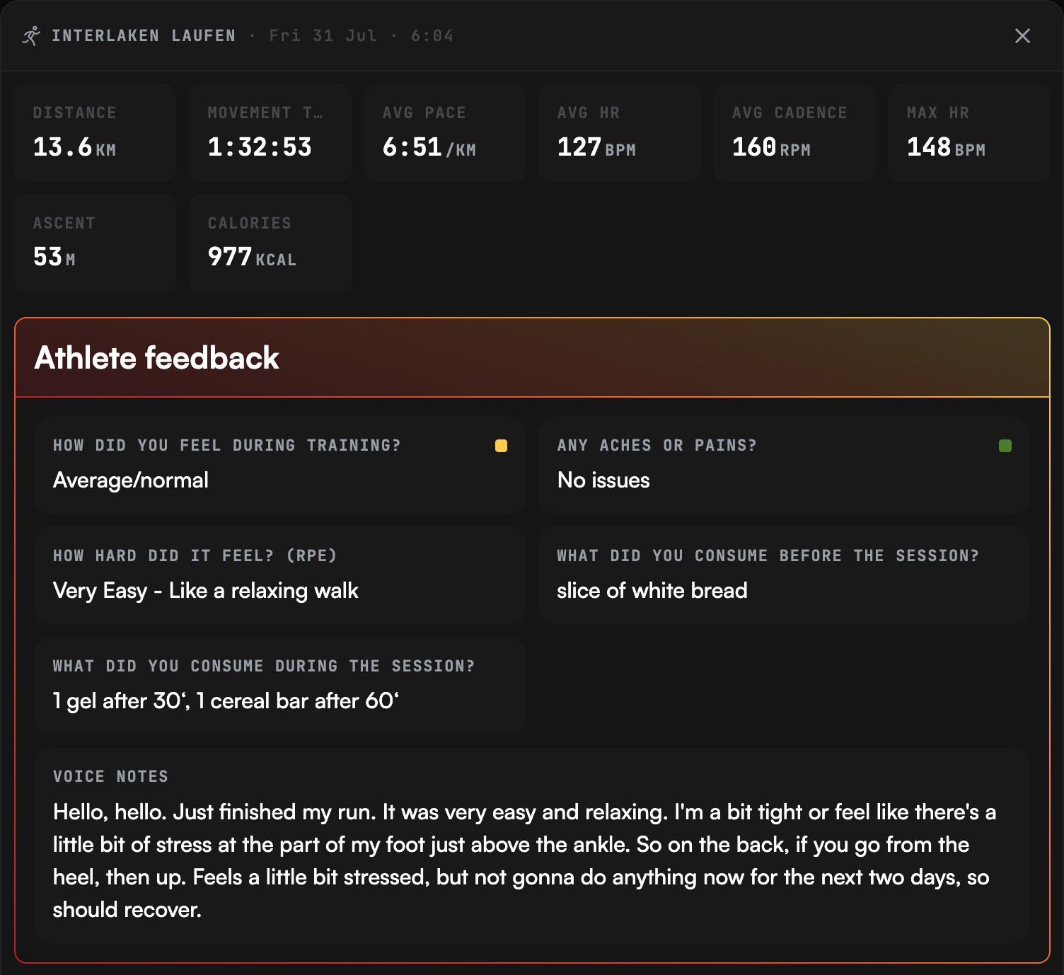 A completed session in augo: distance, movement time, pace, heart rate, cadence, ascent and calories across the top, and beneath them an Athlete feedback panel answering how the session felt, RPE, aches or pains, and fuelling before and during — plus a transcribed voice note in which the athlete describes tightness just above the ankle.